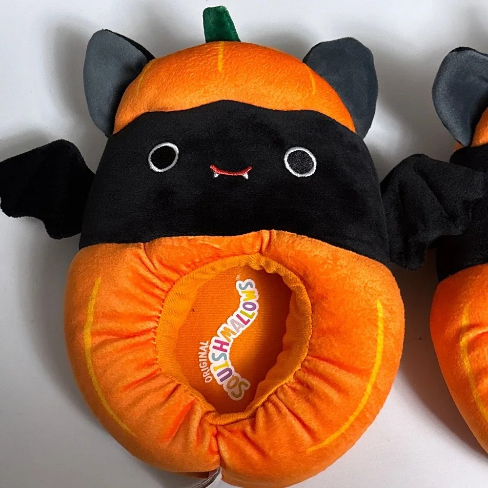 Squishmallows Slippers 2/3 Orange Black Pumpkin Bat Plush Halloween Cozy Shoes